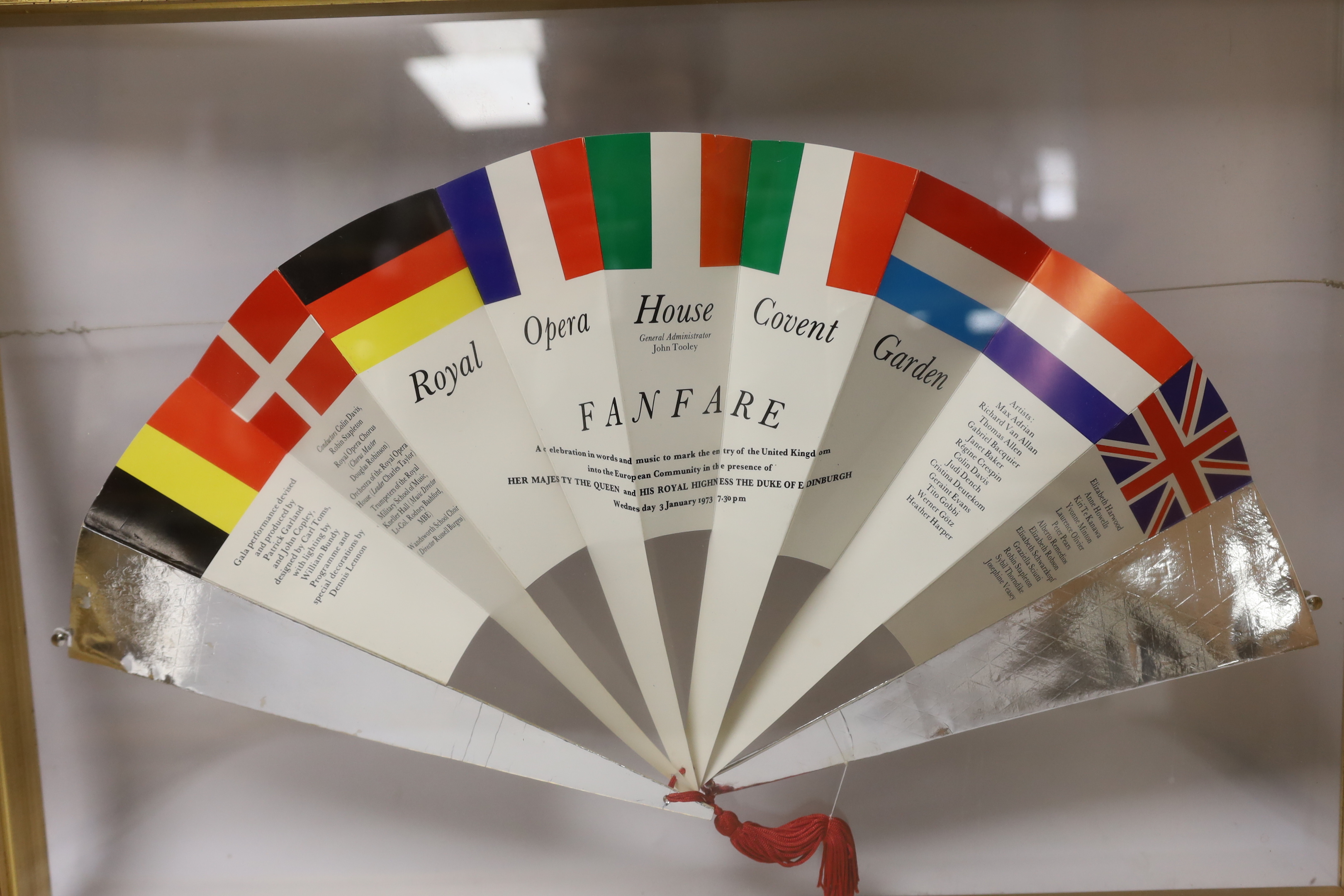 A Royal Opera House, Covent Garden cased programme in the form of a fan, ‘Fanfare’ 3 January 1973, frame dimensions 41 x 58.5cm